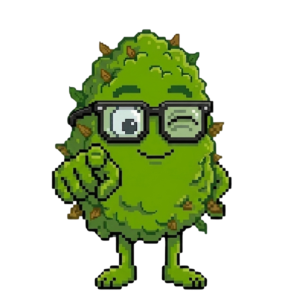 Growmigo Maskottchen, eine Cannabisblüte mit Sonnenbrille, zeigt mit dem Finger auf den Betrachter