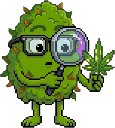 Growmigo Maskottchen prüft ein Cannabisblatt mit der Lupe